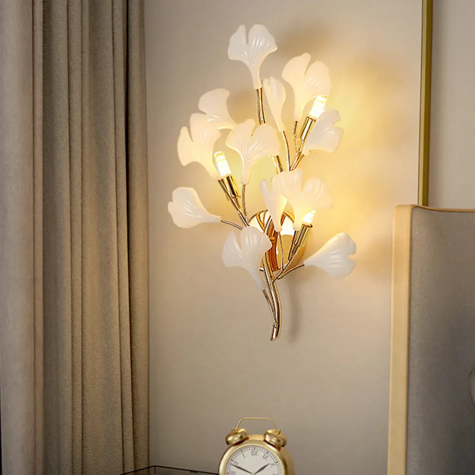 Vit Ginkgoblad Design Modern Guld Vägglampa